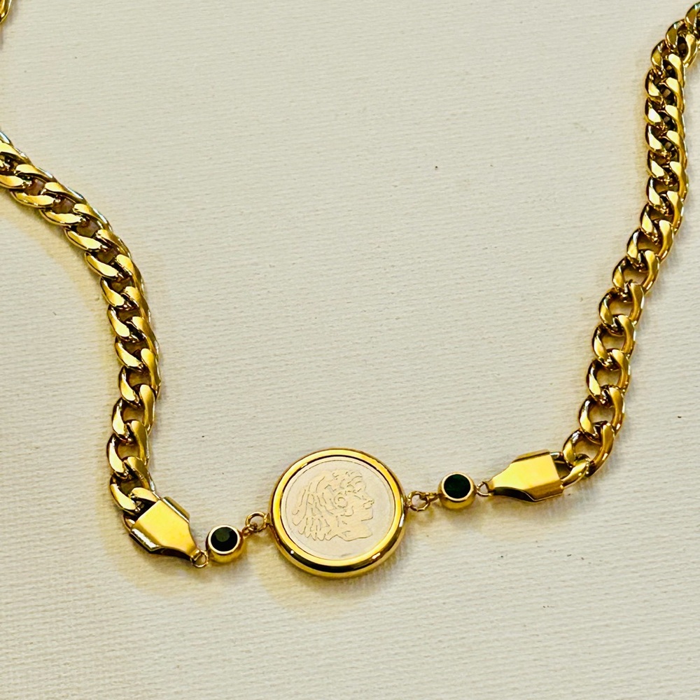 Coin choker necklace, gold coin necklace, 18K gold plated stainless steel CZ - Picture 3 of 7